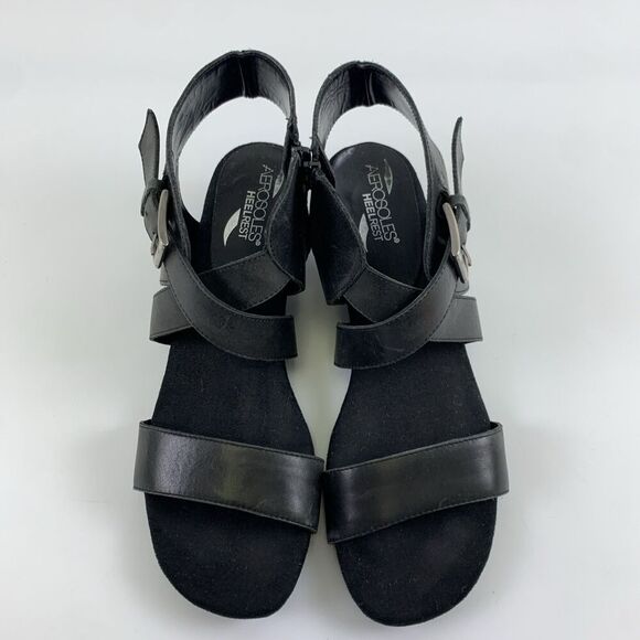 Aerosoles Propryetor Heel Rest Wedge Sandals Black Leather Buckle Zip Womens 9 - Picture 4 of 14